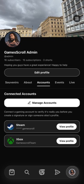 Connected gaming accounts, including Steam and Xbox