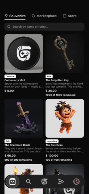 The Souvenirs marketplace, showing collectibles of every rarity