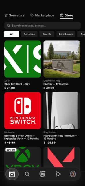 The GamesScroll store, showing gift cards and gear